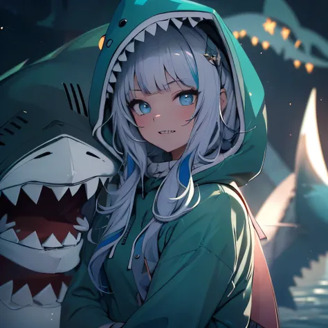 (masterpiece), 8k cg, stunningly beautiful girl, intricate details, chromatic aberration, ((bust shot)), ((looking at viewer)), 1girl, (gawr gura, sharp teeth, shark tail, blue hoodie, shark hood), extremely beautiful and delicate portrait, 16 year old, sm...