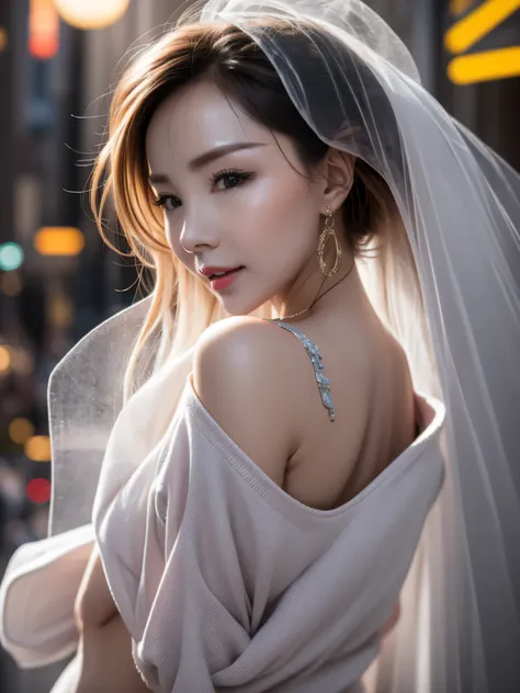 real photos,realisticlying，sexy beautiful bride, on the bustling streets,she is slender, height 1.6m, have the perfect female bo...