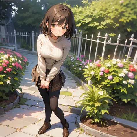 (High quality, High resolution, Ultra-detailed, Realistic:1.37), peaceful ambiance, (plein air, garden), Teenage girl standing alone, (My breasts are big.), Beautiful detailed features, Cute smile, (Black bob hair), Ribbed sweater, Burberry Check Skirt, Bl...