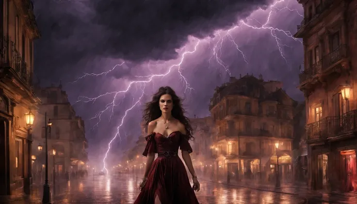 1 girl "Ally Sheedy com vestido vermelho longo", flutuando na cidade with lightning bolts, Mulher no vestido vermelho longo com cabelo vermelho e preto, gothic maiden, Art not Guweiz style, No estilo de arte Bowater, 8k arte detalhada de alta qualidade, go...