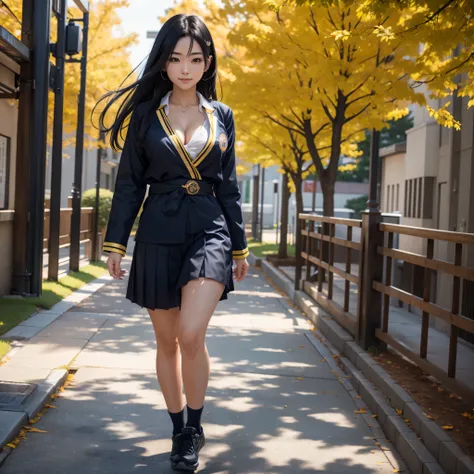 (best quality,4k,8k,highres,masterpiece:1.2),ultra-detailed, 1woman, Japanese Goddess Amaterasu as a college student, Black hair, Blue school uniform with yellow accents, walking around college campus, smiling at viewer, undressing, breasts exposed, seduci...