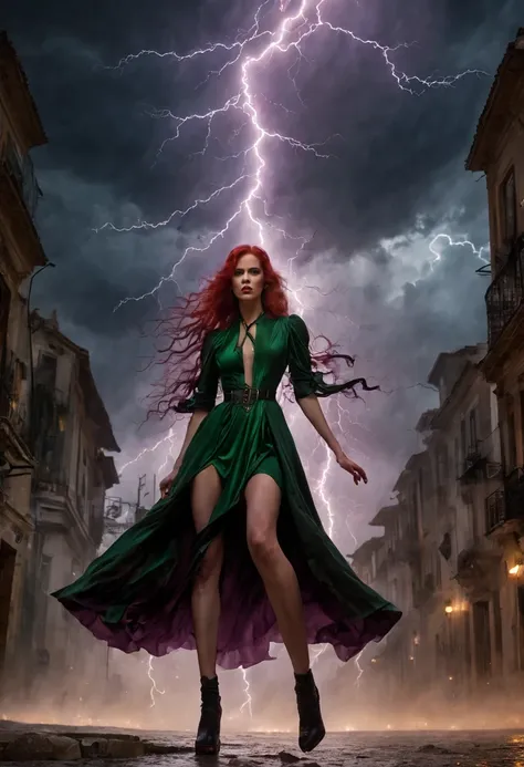 1 girl "Molly Ringwald com vestido Verde longo", flutuando na cidade with lightning bolts, Mulher no vestido Verde longo com cabelo vermelho e preto, gothic maiden, Art not Guweiz style, No estilo de arte Bowater, 8k arte detalhada de alta qualidade, gothi...