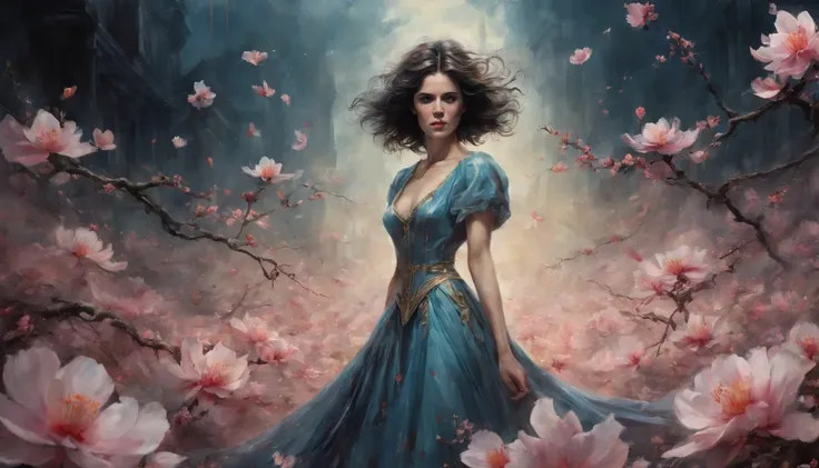 1 girl "Ally Sheedy com vestido vinho longo", （Jogo King Card:1.5, simetria rotacional),Stephen Gammell,(cowboy shot), Minimalist compositions, requintada armadura de cristal，Fio Eletroluminescente, magic sparks, enchanted magical fantasy. Peach Blossom La...