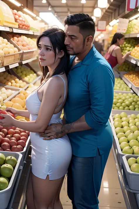 (melhor qualidade,realistic),a couple enjoying a romantic moment in a crowded fruit market, the wife is crying desperately, in a...