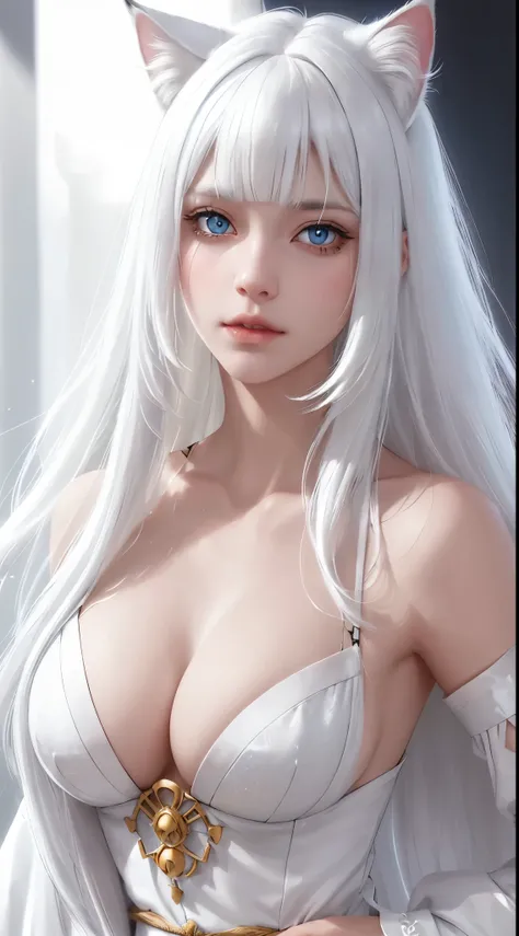 Light white hair, blunt bangs, asymmetrical hair, hair behind ear, long hair, wavy hair, blue eyes, cat pupils, eyebrows behind hair, cat ears, serious, facial hair, close-up, UHD, anatomically correct, textured skin, high details, 1080P, traditional japan...