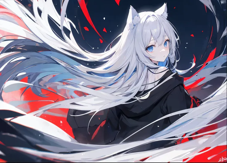 ((Best Quality)),up、Wearing a black hoodie、looked lonely、He had gray hair and furry ears.、eyes are very blue、wolf girl。The back is black。The wind is blowing、Hair is fluttering。