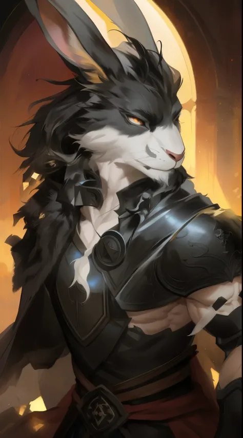 black cloak,Ruan Jia,Pino Daeni,darkgem,dimwitdog,muscular male rabbit anthro, (detailed face), (detailed fluffy fur) Black fur, Paladin armor