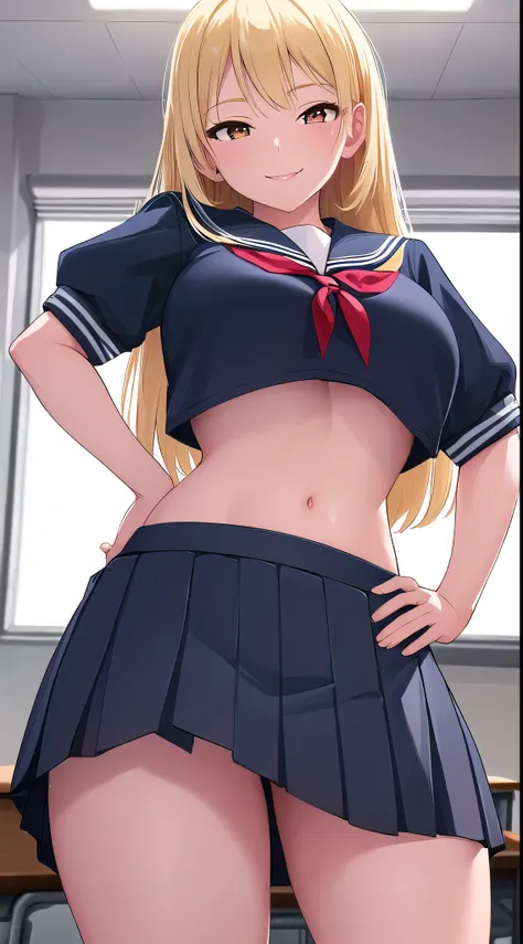 (best quality:1.5, highres, UHD, 4K, detailed lighting, shaders, perfect hand anatomy), blonde long straight hair, large breasts, sailor school uniform, crop top, skirt, smiling, hand on hip, sexy, erotic, seductive, lewd, from below view, close shot, clas...