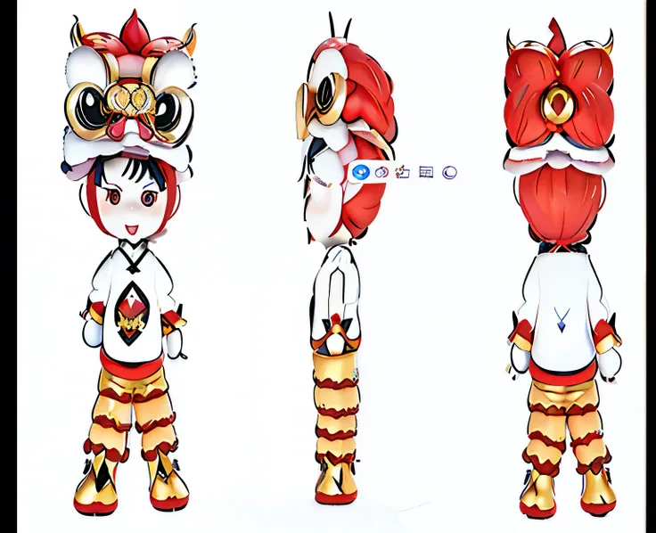 One wears a red hat、Three different poses of people wearing red and white clothing, 3D model of a Japanese mascot, Character art of Maple Leaf Story, Game character design, character design contest winner, Stylized character design, full body mascot, new c...