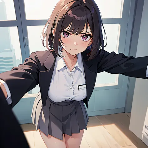 (Leaning forward:1.3), Shooting from above、​masterpiece、top-quality、 Medium hair、Pink eyes、25 year old woman with brown bangs.、Wearing a gray suit、Wearing a gray skirt、white  shirt、blush, (annoyed:1.3)、(Staring:1.5)、is standing、The background is office、Bol...