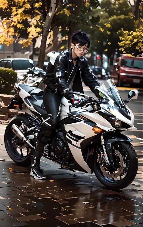 there is a hansome korea boy, perfect face, detail face, that is sitting on a motorcycle on the street, r6, motorbiker, biker, sitting on cyberpunk motorbike, motorcycle, matt white color armor, black white, unreal enging, glossy white armor, white red, tr...