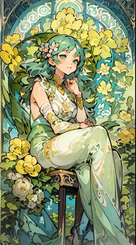 a painting of a woman sitting on a chair with flowers, anime art nouveau, alphonse mucha and rossdraws, alphonse mucha style, korean art nouveau anime, flat shading mucha, in style of alphonse mucha, demura and alphonse mucha, anime art nouveau cosmic disp...