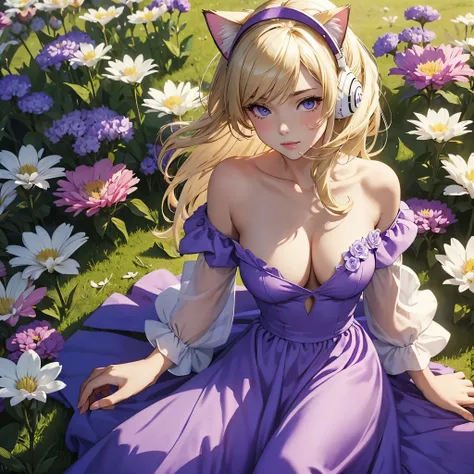 Masterpiece, best quality, White headphone, Blonde, Cat Girl, purple dress, cleavage, flower field, beautiful face, beautiful hand