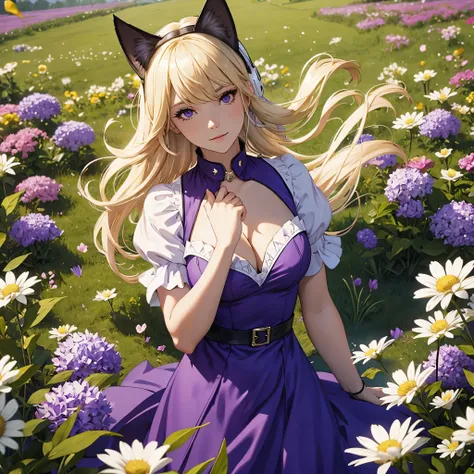 White headphone, Blonde, Cat Woman, purple dress, cleavage, flower field