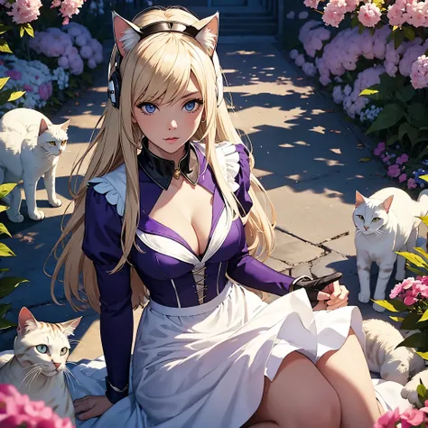 (((White headphone))), Blonde, (((Cat Woman))), purple dress, cleavage, flower field