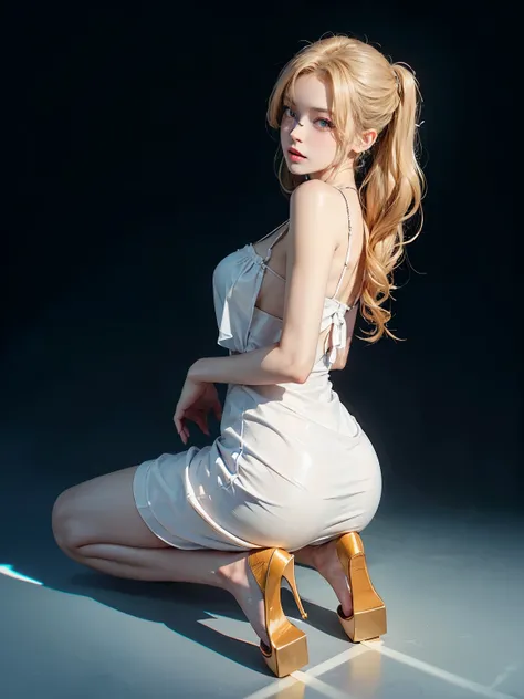 full body photo from behind. kneeling girl from behind, schlanhe beine, fester schlanker Po, narrow hips, starkes Windblond、short and beautiful straight hair、Shiny and radiantly light hair、Very sweet beautiful face、Beautiful transparent skin、Long bangs hid...