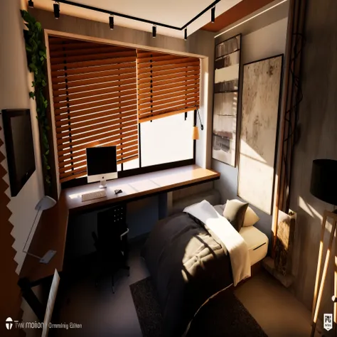 There is a bed and a desk in a small room, lumion rendering, renderizado em lumion pro, renderizado no Unreal Engine 6, unreal engine realistic render, enscape render, 3 d unreal engine render, 3d unreal engine render, renderizado no Unreal Engine 5, rende...