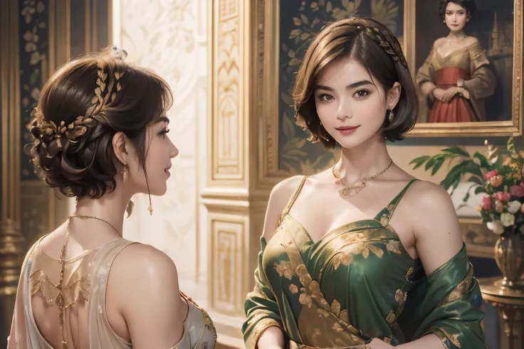 141
(a 20 yo woman,in the palace), (A hyper-realistic), (high-level image quality), ((beautiful hairstyle 46)), ((short-hair:1.46)), (kindly smile), (breasted:1.1), (lipsticks), (is wearing dress), (murky,wide,Luxurious room), (florals), (an oil painting、R...