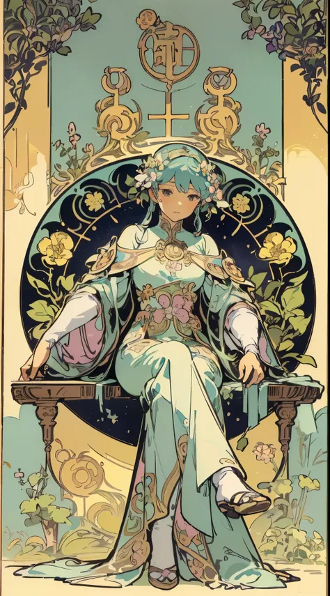 a painting of a woman sitting on a chair with flowers, anime art nouveau, alphonse mucha and rossdraws, alphonse mucha style, korean art nouveau anime, flat shading mucha, in style of alphonse mucha, demura and alphonse mucha, anime art nouveau cosmic disp...