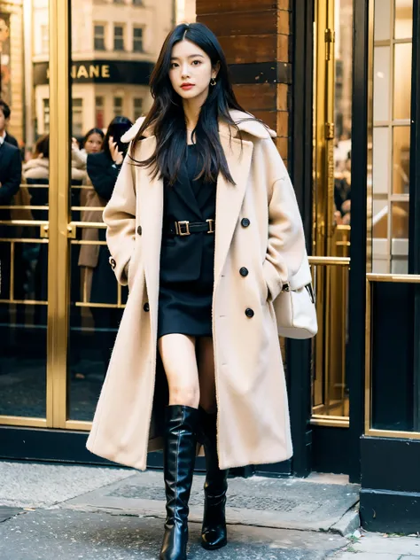 Best quality at best,tmasterpiece,超高分辨率,(actual:1.4),RAW photogr,hyper HD，8K，There is one girl，Stylish clothes,Chanel style，Stylish skinny suit, Long coat，high-class fashion，ellegance, tigh-high boots，Over-the-knee boots，Casual pose，legs long