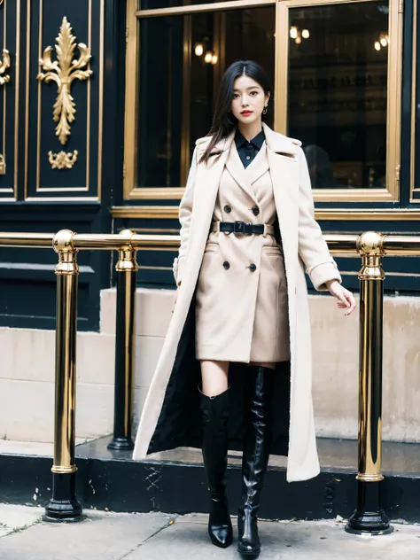 Best quality at best,tmasterpiece,超高分辨率,(actual:1.4),RAW photogr,hyper HD，8K，There is one girl，Stylish clothes,Chanel style，Stylish skinny suit, Long coat，high-class fashion，ellegance, tigh-high boots，Over-the-knee boots，Casual pose，legs long