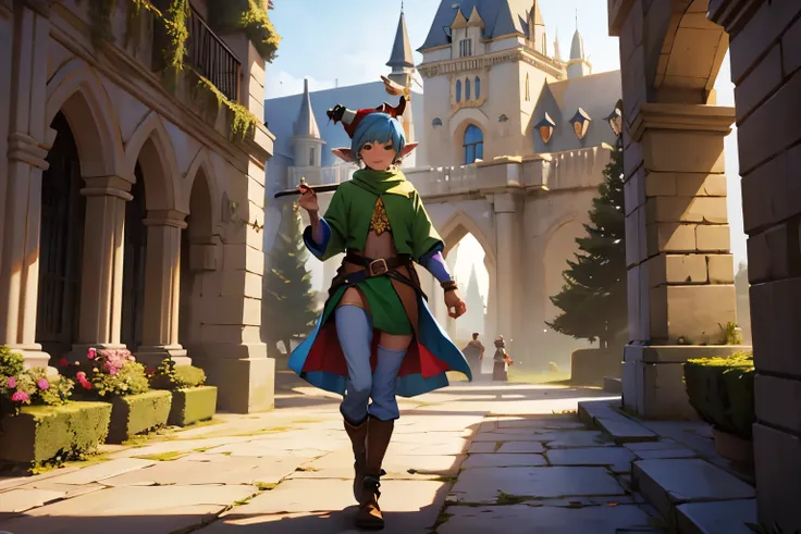 A  fantasy elf jester in a castle