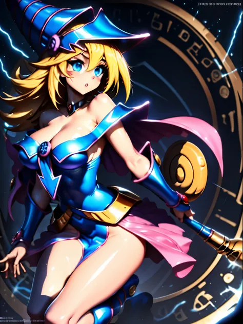 ultra-detailed, extremely detailed, masterpiece, highest quality, best quality, absurdres, highres, dark magician girl, (1girl:1.2), solo, detailed face, dynamic pose, hair flow, (full body:1.1),  blonde hair, long hair, looking at viewer, green eyes, skin...