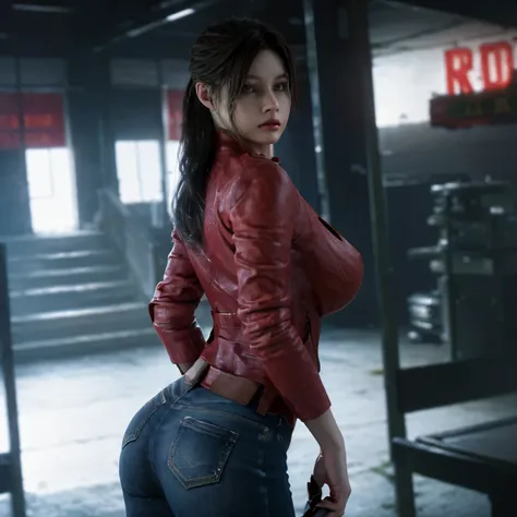(masterpiece:1.2, Best Quality:1.2), ((Claire Redfield, super beautiful woman)), Resident evil, (Red jacket, White shirt, jeans, torn jeans), (Colossal tits:1.5, Huge boobs:1.1, Huge breasts:1.2, gigantic cleavage breasts:1.1), (Detailed face, Detailed ski...