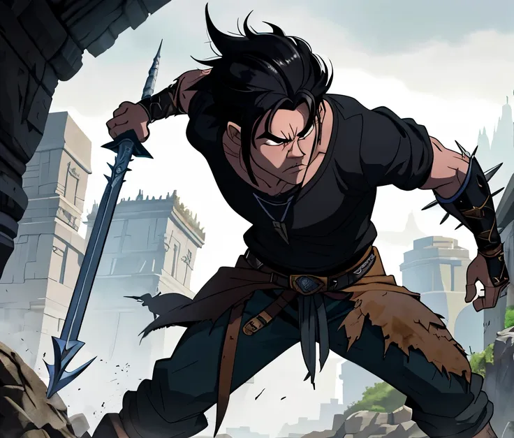 Peasant, male, 18-years-old, spiky black hair, angry, dirty clothes, lightning sword, cool stance, fantasy world.