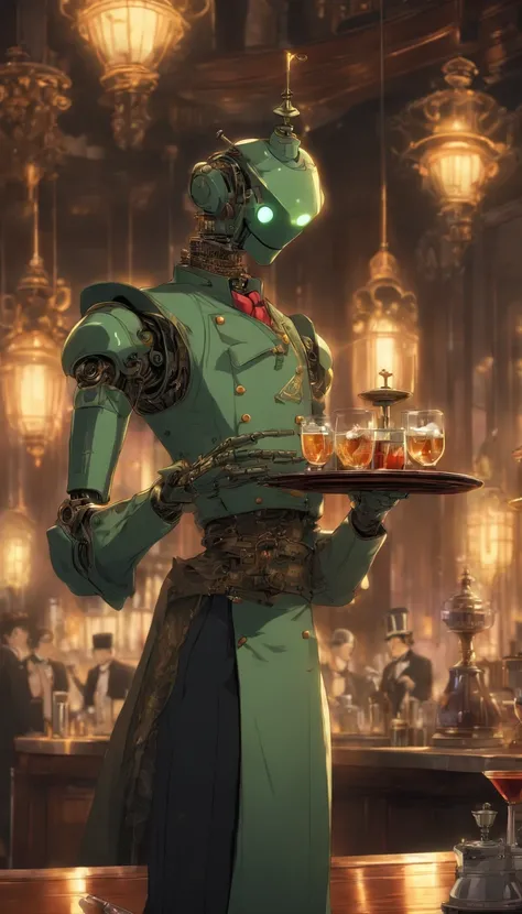 (masterpiece, best quality), a robot butler, detailed mechanical parts, holding up a drinks tray, butler outfit, victorian style, steampunk, restaurant interior, elaborate details, ambient lighting