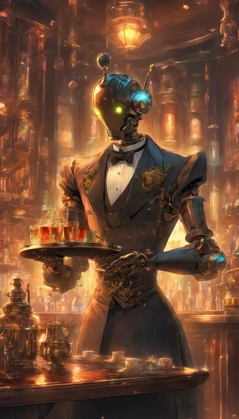 (masterpiece, best quality), a robot butler, detailed mechanical parts, holding up a drinks tray, butler outfit, victorian style, steampunk, restaurant interior, elaborate details, ambient lighting