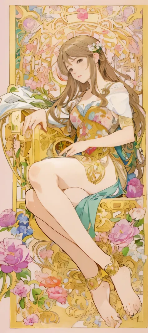 a painting of a woman sitting on a chair with flowers, anime art nouveau, alphonse mucha and rossdraws, alphonse mucha style, korean art nouveau anime, flat shading mucha, in style of alphonse mucha, demura and alphonse mucha, anime art nouveau cosmic disp...