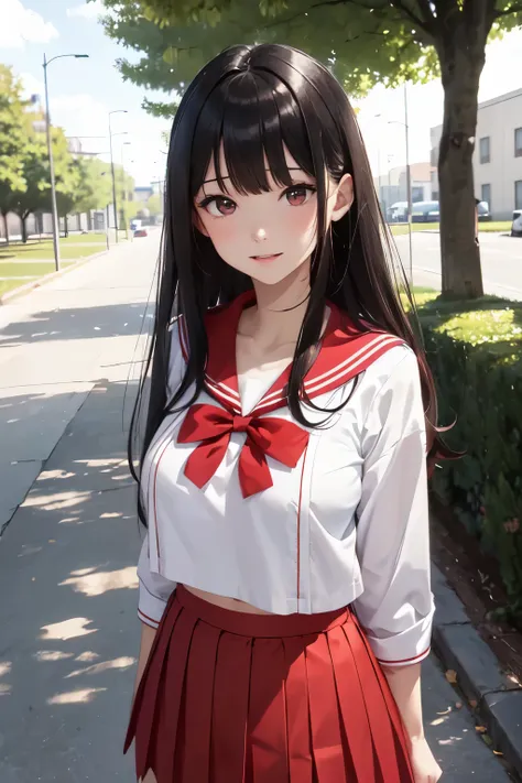 （in 8K, Best Quality, masutepiece:1.2)、超A high resolution、1 very cute and beautiful girl、ultra-detailed face,detailed eyes,Cinema Lighting、cute little、A dark-haired、long straight hair、blunt bangs,expressionless,open mouth.nose blash,sensuous smile, big bre...