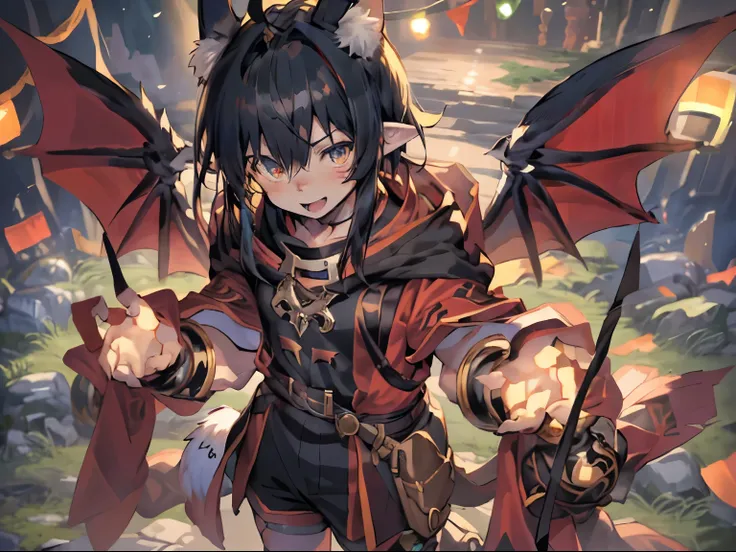 (((Top quality, 8k, masterpiece))) Anime style, large eared, hairy little male human bat hybrid with black hair, standing up, wears fantasy tribal clothes, a fantasy festival background