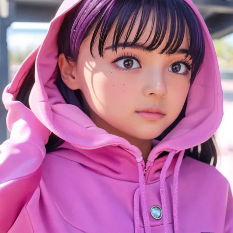 a junior high school student,silber hair,Her eyes are pink and purple and look like jewels.,sano,Bright eye,Clothes are characteristic hoodie-like items.,