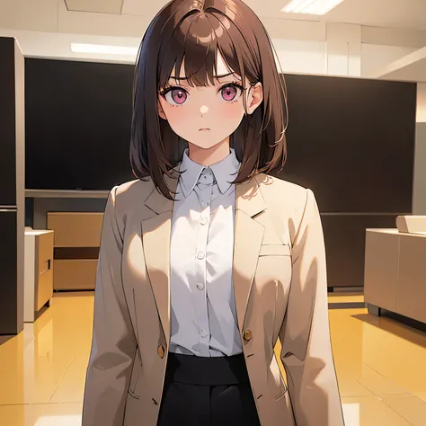 ​masterpiece、top-quality、 A 25-year-old woman with medium hair and pink eyes with brown bangs.、Wearing a beige suit、white  shirt、(serious:1.3)、Staring、is standing、The background is office、Bold composition、Upper body is shown、Alone