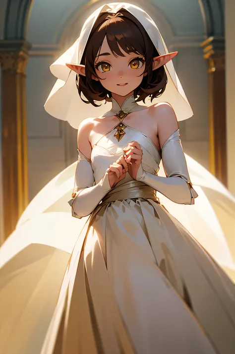 An elf girl with a tiny body and brown hair, yellow eyes, and a flat chest. She is wearing a white wedding dress and has a extremly happy expression. The girl is standing in a room and looking directly at the viewer. The image should be of absurd resolutio...