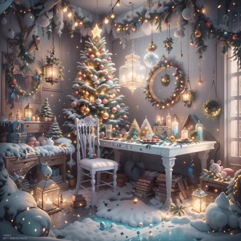 extreme detail description，professinal，vivd colour，bokeh，mirai，peculiar，festivity，celebrating，christmas，冬季wonderland，Fairytale，magia，whimsically，NOhumans，vivid decoration，energeticatmosphere，white christmas tree，Sparkling ornaments，wrapped gifts，shiny meta...