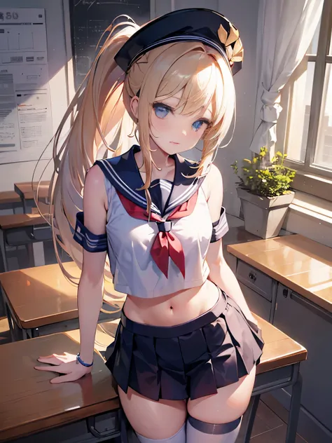 top-quality、realistic touch,high-detail、photoRealstic、thin-waist、captive beauty、big eye、solid platinum-blonde eyelashes、platinum-blonde、full body Esbian、Sparkling eyes, cheeks flushed、thin-waist、In the classroom of the school、She is in estrus、a sailor sui...