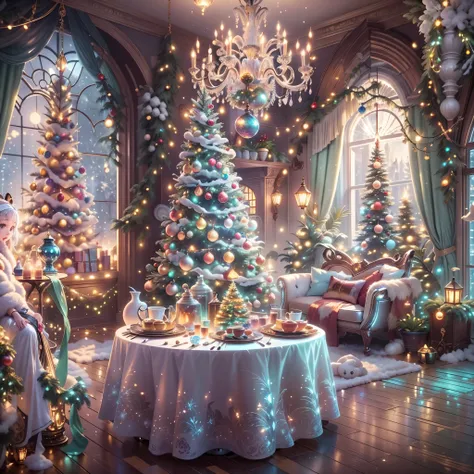 extreme detail description，professinal，vivd colour，bokeh，mirai，peculiar，festivity，celebrating，christmas，(冬季wonderland)，(Fairytale，magia，whimsically)，((NOhumans))，vivid decoration，energeticatmosphere，white christmas tree，Sparkling ornaments，wrapped gifts，(s...