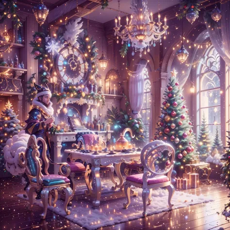 extreme detail description，professinal，vivd colour，bokeh，mirai，peculiar，festivity，celebrating，christmas，(冬季wonderland)，(Fairytale，magia，whimsically)，((NOhumans))，vivid decoration，energeticatmosphere，white christmas tree，Sparkling ornaments，wrapped gifts，(s...