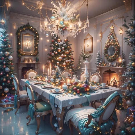 extreme detail description，professinal，vivd colour，bokeh，mirai，peculiar，festivity，celebrating，christmas，(冬季wonderland)，(Fairytale，magia，whimsically)，((NOhumans))，vivid decoration，energeticatmosphere，white christmas tree，Sparkling ornaments，wrapped gifts，(s...