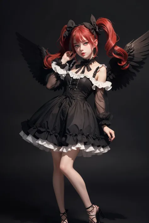 Gothic girl, with black angel wings, dressed as Lolita,  on a gothicbackground, 18 years old, two pigtails in her hair, red hair, full body, full body