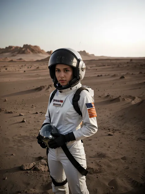 a woman dressed as an astronaut holding her helmet in her hand and looking at the horizon from inside the desolate surface of the planet Mars