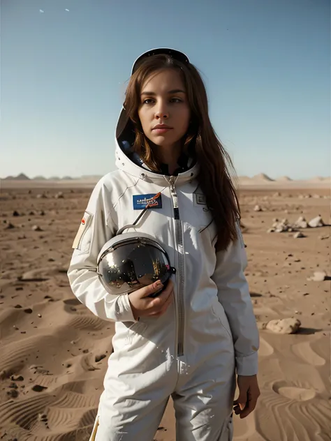 a woman dressed as an astronaut holding her helmet in her hand and looking at the horizon on the surface of the planet Mars