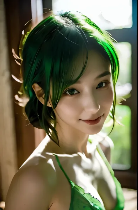 "Best Quality, 4K, 8K, hight resolution, ​masterpiece, Ultra-detailed, Realistic, Photorealistic, Cinematic lighting, Beautiful detailed glow, Detailed face, Light leak, amazing, Intricate details, Dynamic Angle, Green hair, A cute Japanese woman, "Intimat...