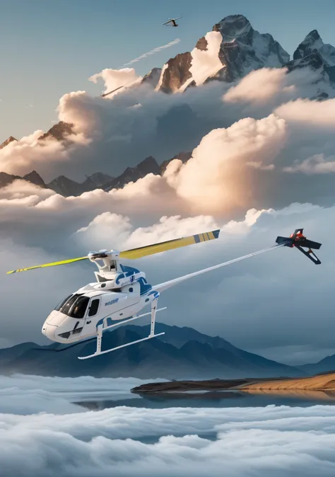 only one helicopter，cloud，sense of science and technology，Graphical，advanced，High mountains and flowing water，birds in flight，Photographic works