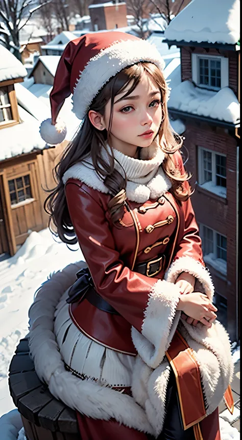 (view from the sky), captured from aboce, 1girl, 18yrs old, dressed like santa claus while sitting on a chimney on a roof, dressed like santa claus wife , sitting on chimney, twas brillig, lot of snow, snowing, winter, the wise girl is riding on top, inspi...