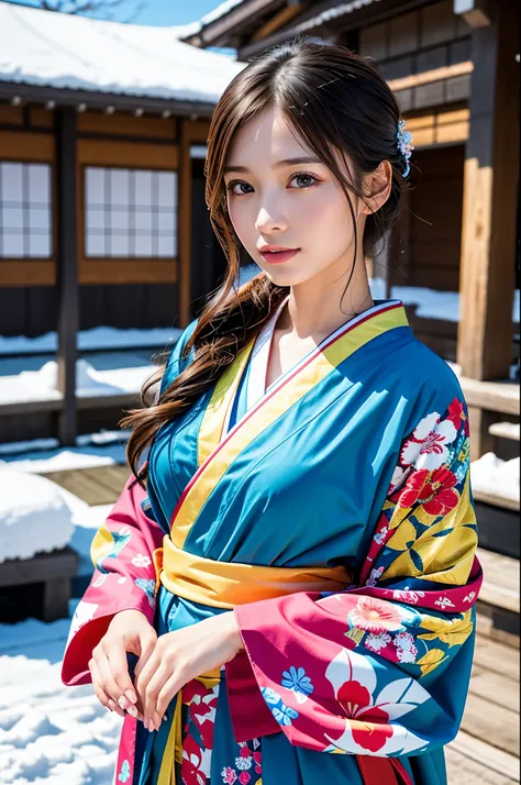 Hot Spring Village in Japan, snowy landscape,
Fluttering snow, A beautiful Japanese girl in a Vivid kimono, solo, masterpiece, Best Quality, 8K, 32K, (UHD:1.2), (Photorealistic:1.4), full figure, entire body in frame, Extremely cute, elegant, voluptuous, ...