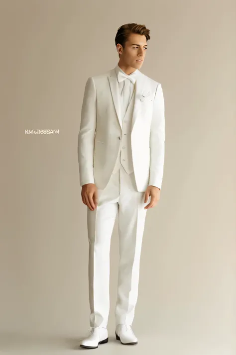 arafian man in a white business suit and white shoes standing in a studio, white business suit, wearing a white tuxedo, wearing white business suit, masterpiece w 1024, with a white, offcial dress, white business suit and black tie, Varia suit, formal suit...